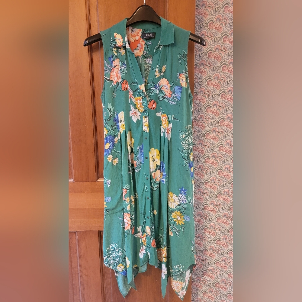 Anthropologie Maeve Green Floral Sleeveless Button Down Midi Dress Size 8